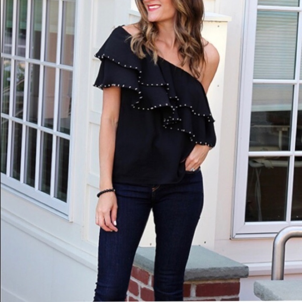 Q&A Glam One Shoulder Beaded Blouse